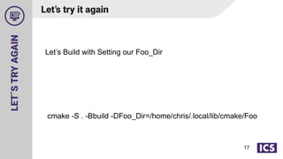 LET´S
TRY
AGAIN
Let’s Build with Setting our Foo_Dir
cmake -S . -Bbuild -DFoo_Dir=/home/chris/.local/lib/cmake/Foo
17
Let’s try it again
 