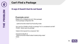 THE
PROBLEM
Can’t Find a Package
Example error:
CMake Error at CMakeLists.txt:61 (ﬁnd_package):
Found package conﬁguration ﬁle:
/path/to/foo/lib/cmake/Foo/FooConﬁg.cmake
but it set Foo_FOUND to FALSE so package "Foo" is considered to be NOT
FOUND. Reason given by package:
Failed to ﬁnd required Foo component "Bar".
Expected Conﬁg ﬁle at
"/path/to/foo/lib/cmake/FooBar/FooBarConﬁg.cmake"
Exists
…
It says it found it but its not found
18
 