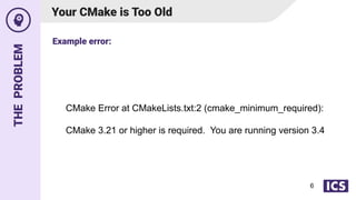 THE
PROBLEM
CMake Error at CMakeLists.txt:2 (cmake_minimum_required):
CMake 3.21 or higher is required. You are running version 3.4
6
Your CMake is Too Old
Example error:
 
