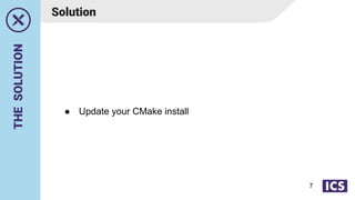 THE
SOLUTION
● Update your CMake install
7
Solution
 