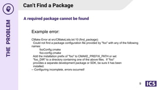 THE
PROBLEM
Can’t Find a Package
Example error:
CMake Error at src/CMakeLists.txt:10 (find_package):
Could not find a package configuration file provided by "foo" with any of the following
names:
fooConfig.cmake
foo-config.cmake
Add the installation prefix of "foo" to CMAKE_PREFIX_PATH or set
"foo_DIR" to a directory containing one of the above files. If "foo"
provides a separate development package or SDK, be sure it has been
installed.
-- Configuring incomplete, errors occurred!
A required package cannot be found
9
 