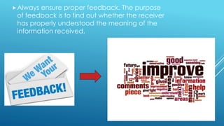 Always ensure proper feedback. The purpose
of feedback is to find out whether the receiver
has properly understood the meaning of the
information received.