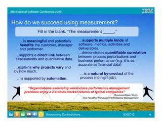 IBM Rational Software Conference 2009



How do we succeed using measurement?
                   Fill in the blank. “The measurement _____.”

      …is meaningful and potentially           …supports multiple kinds of
      benefits the customer, manager           software, metrics, activities and
      and performer.                           deliverables.
                                               …demonstrates quantifiable correlation
   …supports a direct link between             between process perturbations and
   assessments and quantitative data.          business performance (e.g. it is as
                                               accurate as financial data)
  …explains why projects vary and
  by how much.
                                                 …is a natural by-product of the
    …is supported by automation.                 process (no night job).

            “Organizations exercising world-class performance management
          practices enjoy a 2.4 times market returns of typical companies”
                                                                              BusinessWeek Study:
                                                  The Payoff of Pervasive Performance Management




                         Overcoming Contradictions…                                 EXEC12          10
 
