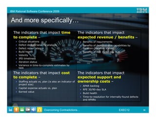IBM Rational Software Conference 2009


And more specifically…
  The indicators that impact time                          The indicators that impact
  to complete –                                            expected revenue / benefits –
      Critical situations                                    Benefits of requirements
      Defect density/severity analysis                       Benefits of demonstrable capabilities by
      Defect repair latency                                  iteration (iteration status)
      Build health                                           Benefits of RFE 30/90-day SLA
      Velocity
      IPD timeliness
      Iteration status
      Variance in time-to-complete estimates by
      task

  The indicators that impact cost                          The indicators that impact
  to complete –                                            expected support and
      Staffing actuals vs. plan (is also an indicator of   ownership costs –
      project size)
                                                             APAR backlog
      Capital expense actuals vs. plan
                                                             RFE 30/90-day SLA
      Earned value
                                                             Build health
                                                             Time-to-resolution for internally-found defects
                                                             and APARs



                            Overcoming Contradictions…                                     EXEC12              16
 