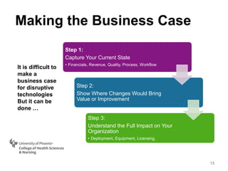 Making the Business Case
13
Step 1:
Capture Your Current State
• Financials, Revenue, Quality, Process, Workflow
Step 2:
Show Where Changes Would Bring
Value or Improvement
Step 3:
Understand the Full Impact on Your
Organization
• Deployment, Equipment, Licensing,
It is difficult to
make a
business case
for disruptive
technologies
But it can be
done …
 