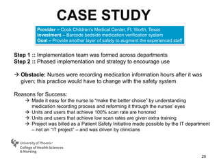 CASE STUDY
29
Step 1 :: Implementation team was formed across departments
Step 2 :: Phased implementation and strategy to encourage use
 Obstacle: Nurses were recording medication information hours after it was
given; this practice would have to change with the safety system
Reasons for Success:
 Made it easy for the nurse to “make the better choice” by understanding
medication recording process and reforming it through the nurses’ eyes
 Units and users that achieve 100% scan rate are honored
 Units and users that achieve low scan rates are given extra training
 Project was billed as a Patient Safety Initiative made possible by the IT department
– not an “IT project” – and was driven by clinicians
Provider – Cook Children’s Medical Center, Ft. Worth, Texas
Investment – Barcode bedside medication verification system
Goal – Provide another layer of safety to augment the experienced staff
 