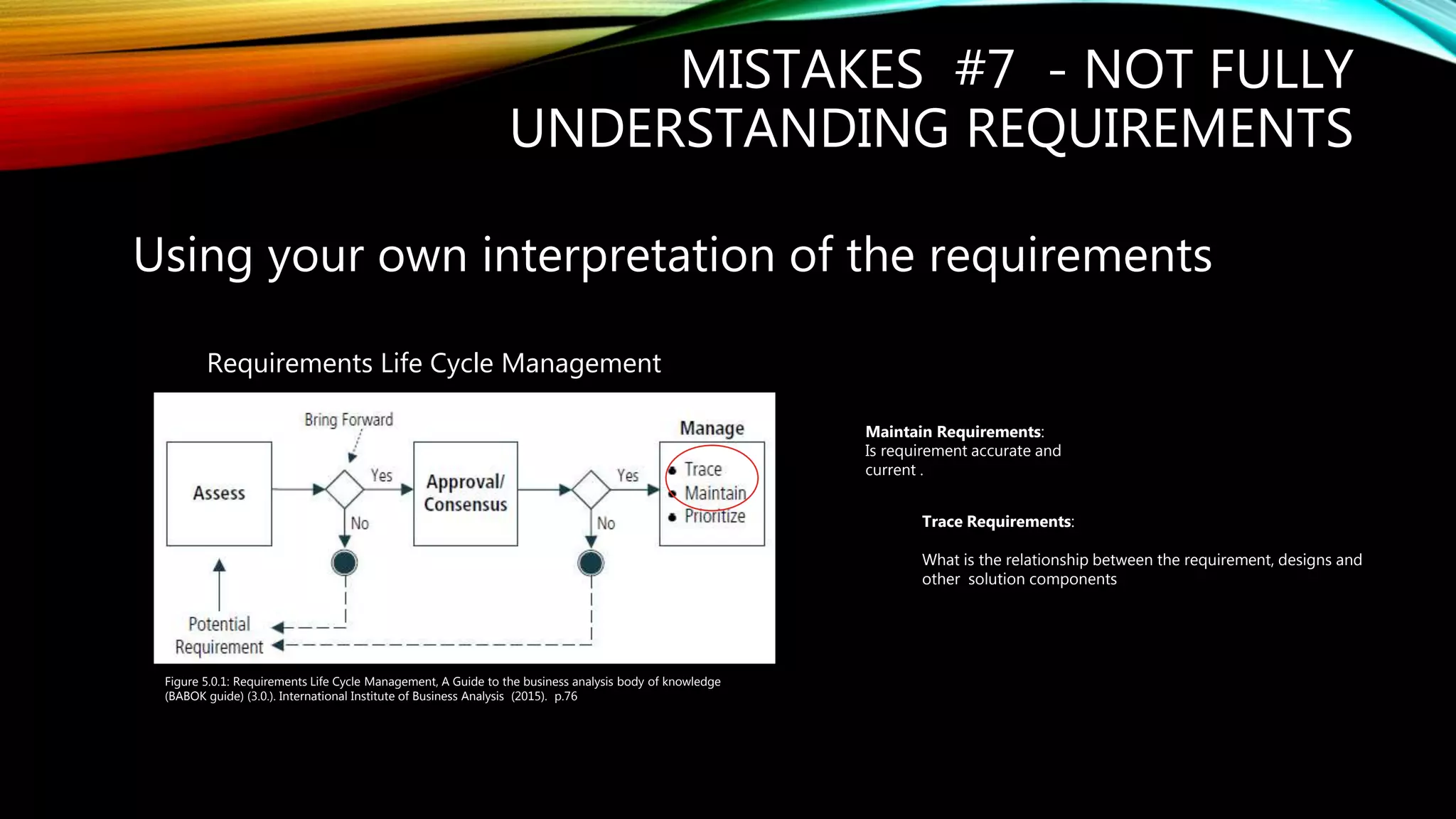 MISTAKES #7 - NOT FULLY
UNDERSTANDING REQUIREMENTS
Using your own interpretation of the requirements
Maintain Requirements:
Is requirement accurate and
current .
Trace Requirements:
What is the relationship between the requirement, designs and
other solution components
Requirements Life Cycle Management
Figure 5.0.1: Requirements Life Cycle Management, A Guide to the business analysis body of knowledge
(BABOK guide) (3.0.). International Institute of Business Analysis (2015). p.76
 