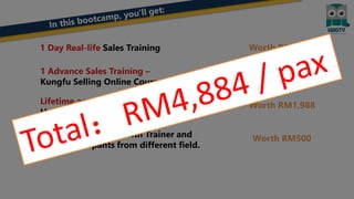 1 Day Real-life Sales Training
1 Advance Sales Training –
Kungfu Selling Online Course
Lifetime account on
Hooty Social Learning Website
Networking session with Trainer and
other participants from different field.
Worth RM1,597
Worth RM799
Worth RM1,988
Worth RM500
 