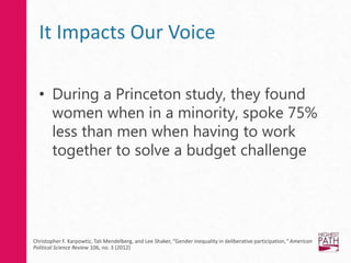 It Impacts Our Voice
• During a Princeton study, they found
women when in a minority, spoke 75%
less than men when having to work
together to solve a budget challenge
Christopher F. Karpowtiz, Tali Mendelberg, and Lee Shaker, “Gender inequality in deliberative participation,” American
Political Science Review 106, no. 3 (2012)
 