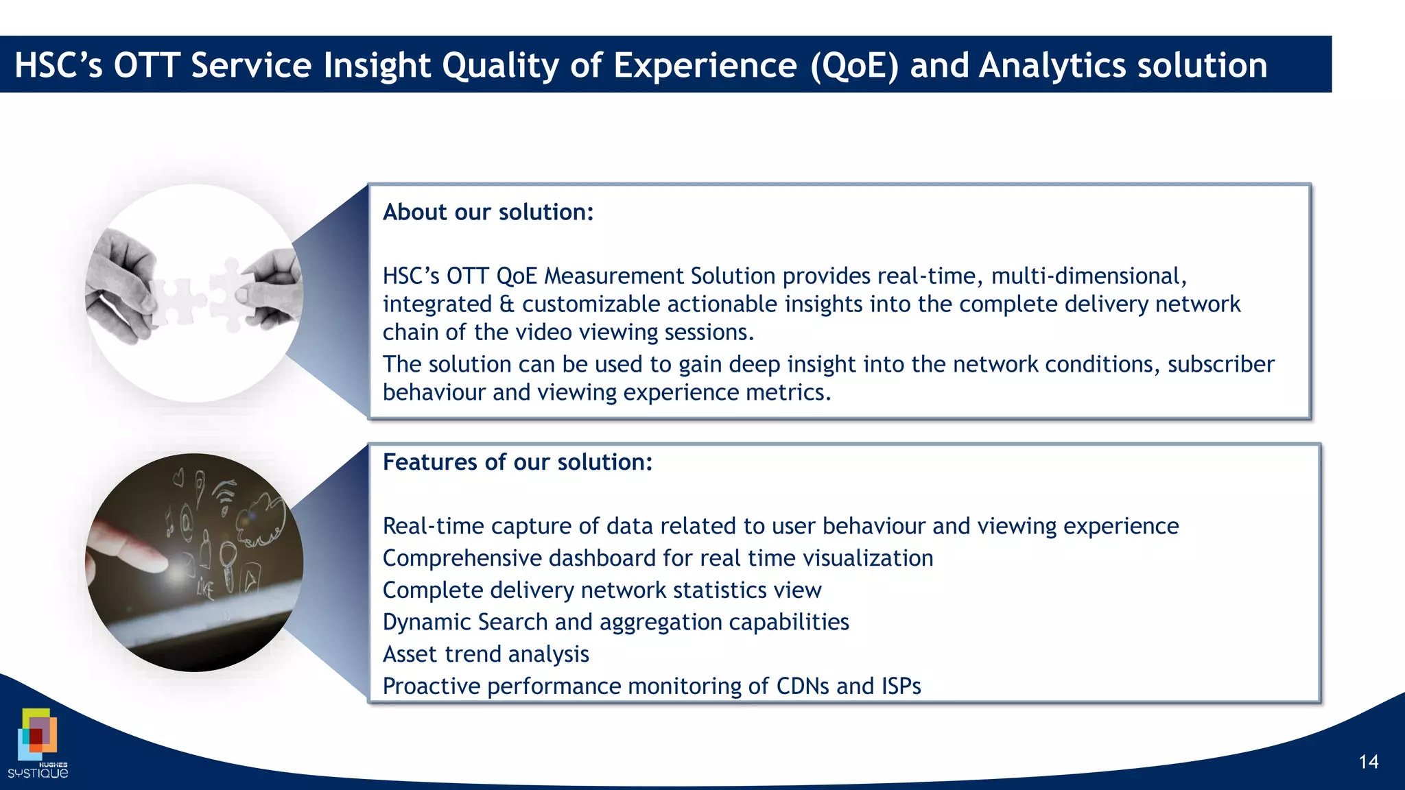 14
About our solution:
HSC’s OTT QoE Measurement Solution provides real-time, multi-dimensional,
integrated & customizable actionable insights into the complete delivery network
chain of the video viewing sessions.
The solution can be used to gain deep insight into the network conditions, subscriber
behaviour and viewing experience metrics.
Features of our solution:
Real-time capture of data related to user behaviour and viewing experience
Comprehensive dashboard for real time visualization
Complete delivery network statistics view
Dynamic Search and aggregation capabilities
Asset trend analysis
Proactive performance monitoring of CDNs and ISPs
HSC’s OTT Service Insight Quality of Experience (QoE) and Analytics solution
 
