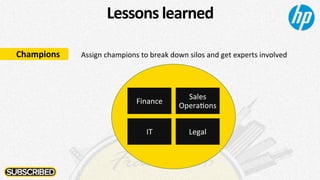 Lessons	
  learned	
  
Champions	
   Assign	
  champions	
  to	
  break	
  down	
  silos	
  and	
  get	
  experts	
  invol...