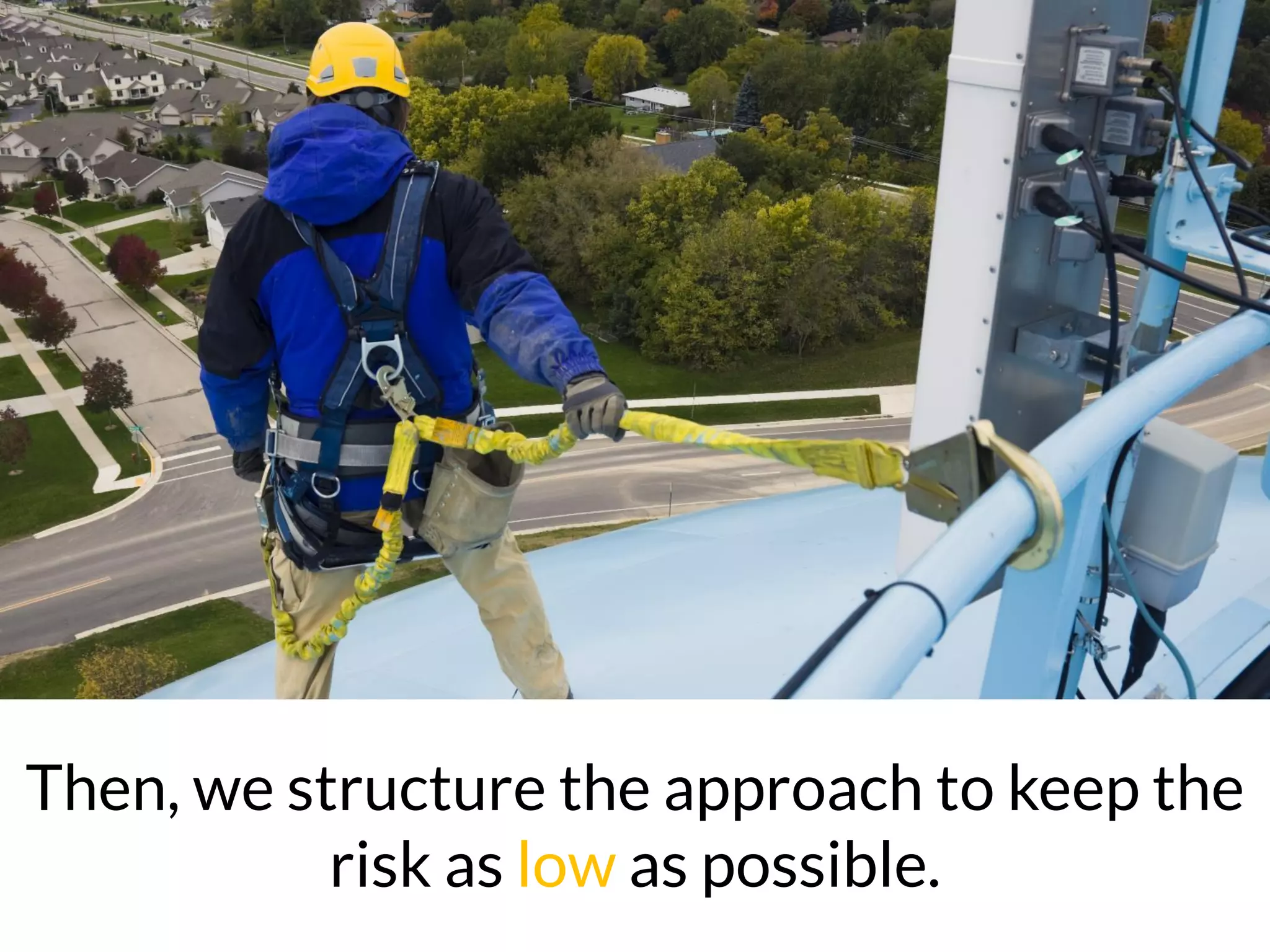 Then, we structure the approach to keep the
risk as low as possible.
 