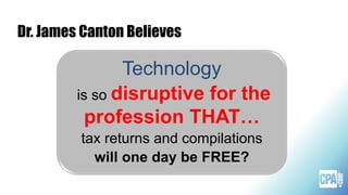 Dr. James Canton Believes
Technology
is so disruptive for the
profession THAT…
tax returns and compilations
will one day be FREE?
 