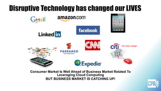Disruptive Technology has changed our LIVES
Consumer Market Is Well Ahead of Business Market Related To
Leveraging Cloud Computing
BUT BUSINESS MARKET IS CATCHING UP!
 