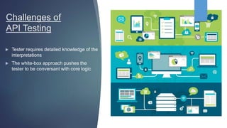 Challenges of
API Testing
 Tester requires detailed knowledge of the
interpretations
 The white-box approach pushes the
tester to be conversant with core logic
 
