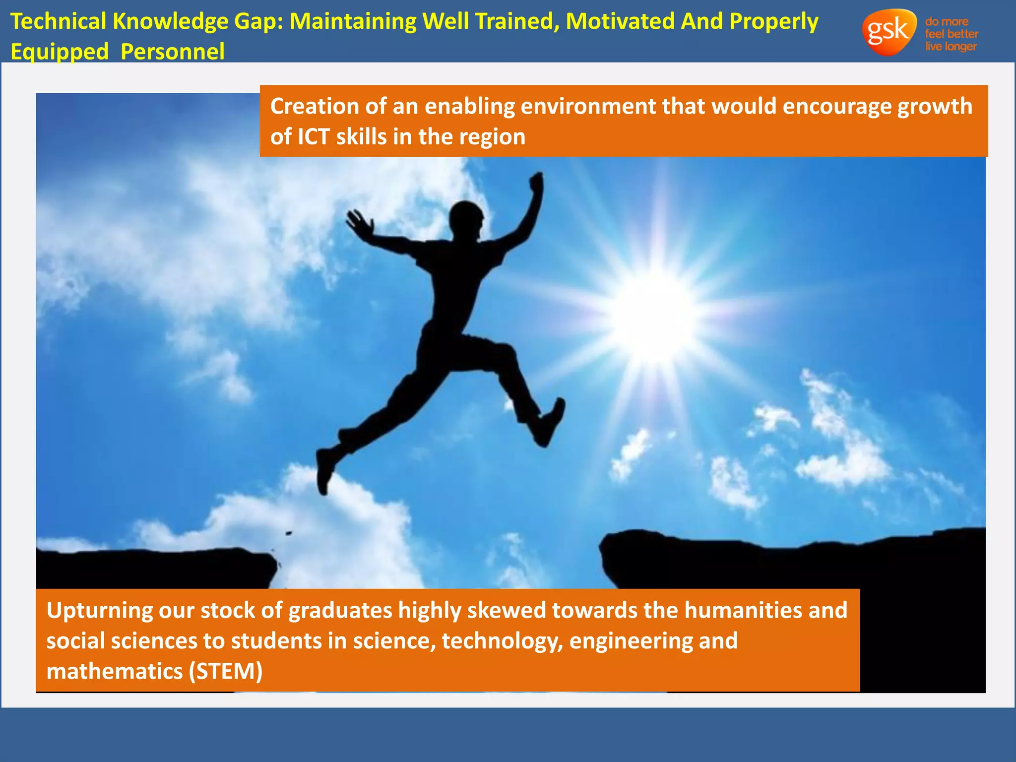 Technical Knowledge Gap: Maintaining Well Trained, Motivated And Properly 
Equipped Personnel 
Creation of an enabling environment that would encourage growth 
of ICT skills in the region 
Upturning our stock of graduates highly skewed towards the humanities and 
social sciences to students in science, technology, engineering and 
mathematics (STEM) 
 