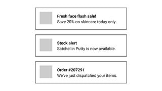 Fresh face flash sale!
Save 20% on skincare today only.
Stock alert
Satchel in Putty is now available.
Order #207291
We’ve just dispatched your items.
 