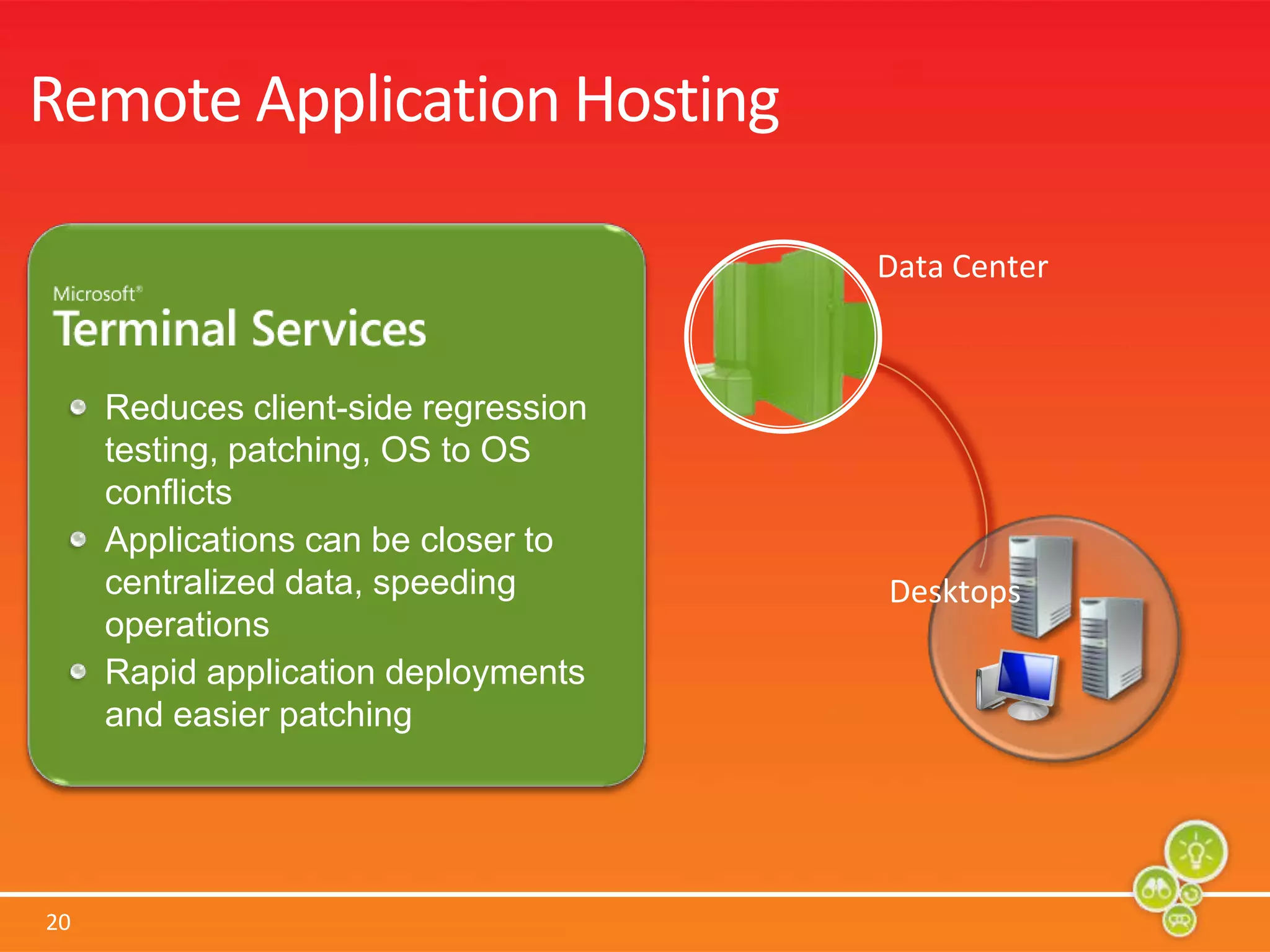 Remote Application HostingData CenterReduces client-side regression testing, patching, OS to OS conflictsApplications can be closer to centralized data, speeding operationsRapid application deployments and easier patchingDesktops