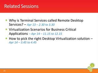 Related SessionsWhy is Terminal Services called Remote Desktop Services? – Apr 13 – 2.30 to 3.30Virtualization Scenarios for Business Critical Applications – Apr 14 – 11.15 to 12.15How to pick the right Desktop Virtualization solution –Apr 14 – 3.45 to 4.45