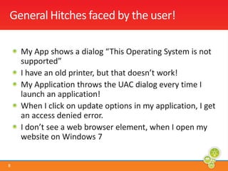 General Hitches faced by the user!My App shows a dialog “This Operating System is not supported”I have an old printer, but that doesn’t work!My Application throws the UAC dialog every time I launch an application!When I click on update options in my application, I get an access denied error.I don’t see a web browser element, when I open my website on Windows 7