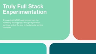 1Truly Full Stack
Experimentation
Through the ENTIRE user journey, from the
marketing landing page, through registration
s...