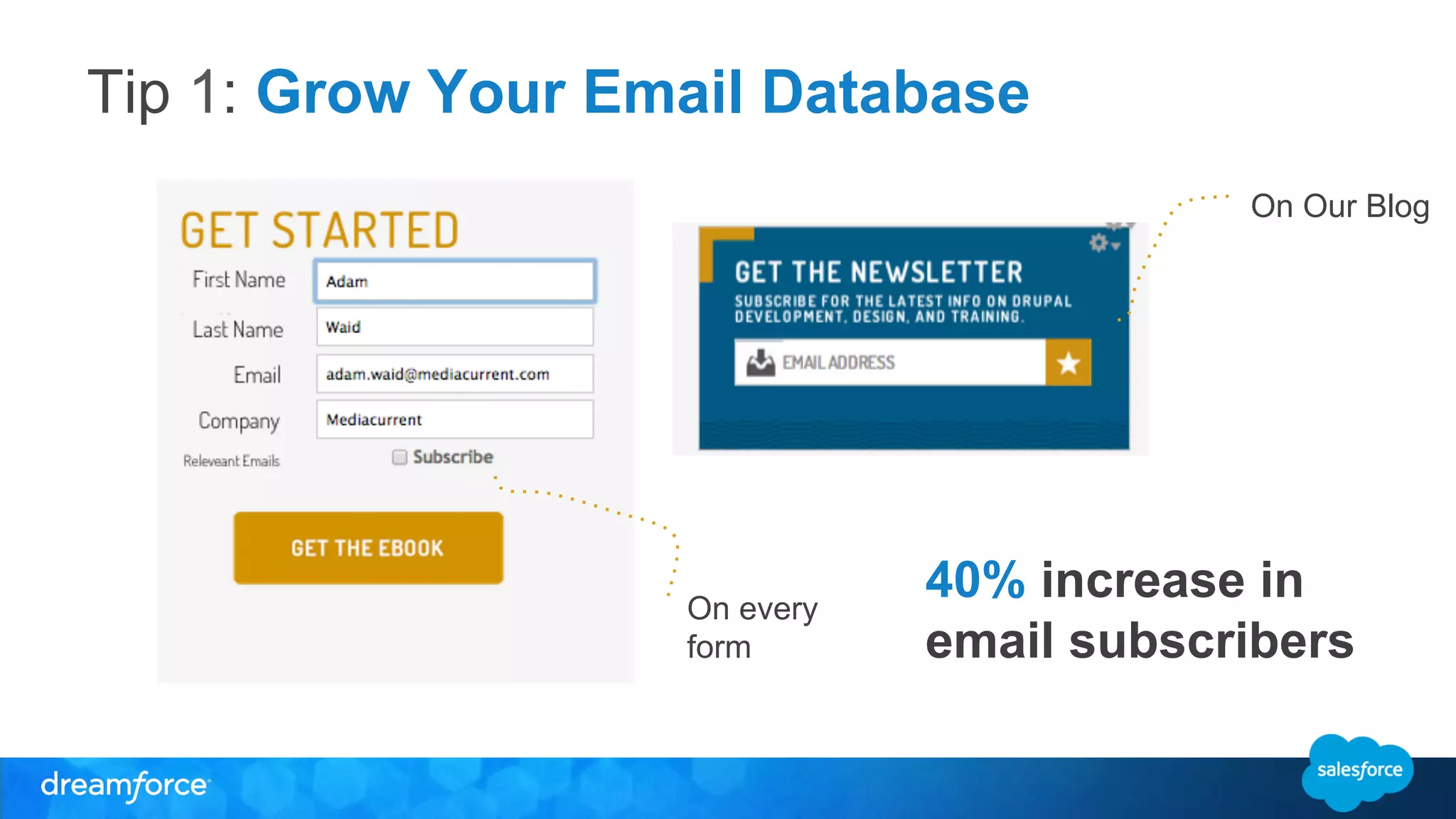 Tip 1: Grow Your Email Database 
On every 
form 
On Our Blog 
40% increase in 
email subscribers 
 