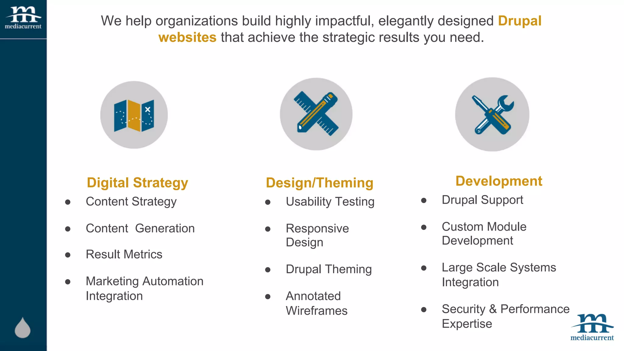 We help organizations build highly impactful, elegantly designed Drupal 
websites that achieve the strategic results you need. 
Design/Theming 
● Usability Testing 
● Responsive 
Design 
● Drupal Theming 
● Annotated 
Wireframes 
Development 
● Drupal Support 
● Custom Module 
Development 
● Large Scale Systems 
Integration 
● Security & Performance 
Expertise 
Digital Strategy 
● Content Strategy 
● Content Generation 
● Result Metrics 
● Marketing Automation 
Integration 
 