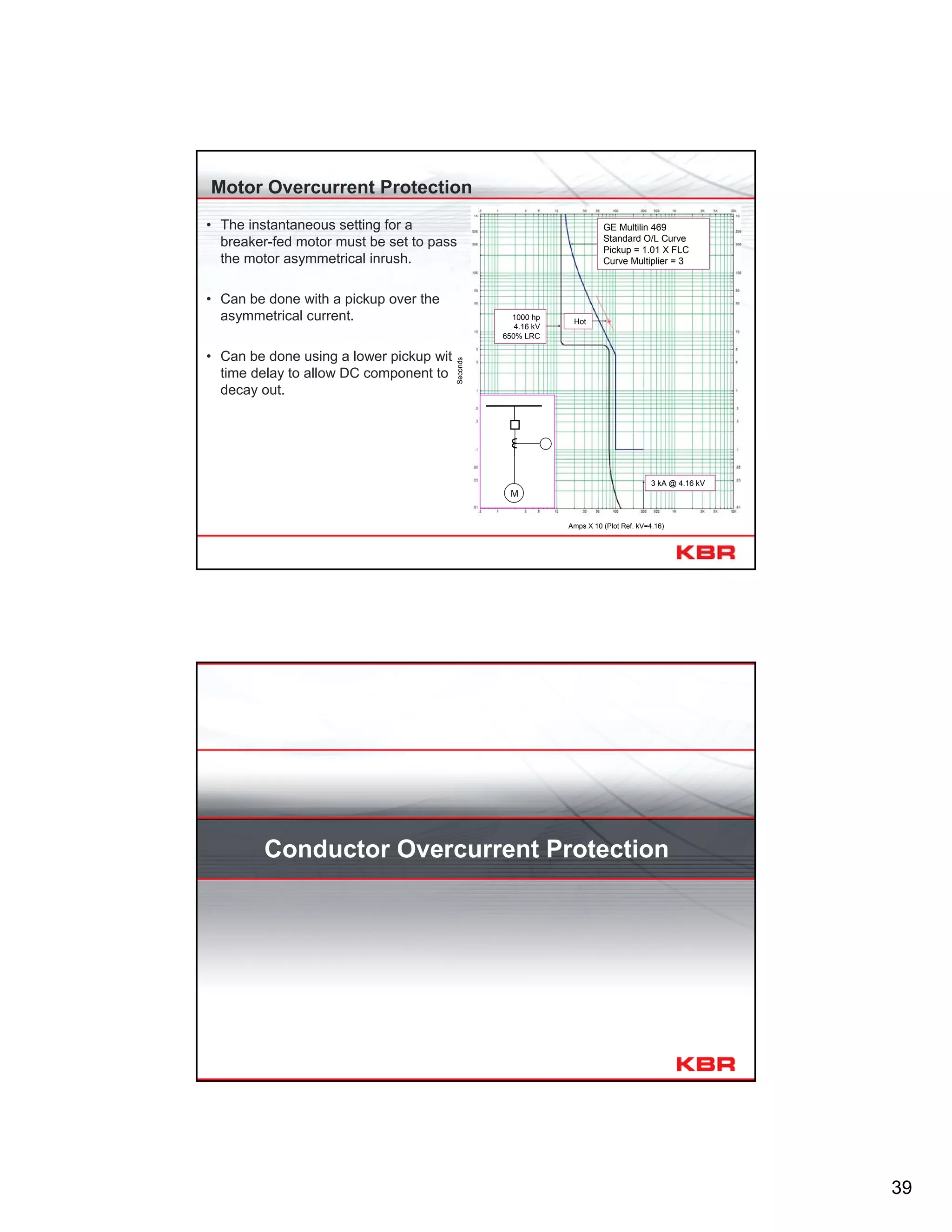 39
Motor Overcurrent Protection
• The instantaneous setting for a
breaker-fed motor must be set to pass
the motor asymmetrical inrush.
• Can be done with a pickup over the
asymmetrical current.
• Can be done using a lower pickup with
time delay to allow DC component to
decay out.
Seconds
Amps X 10 (Plot Ref. kV=4.16)
1000 hp
4.16 kV
650% LRC
GE Multilin 469
Standard O/L Curve
Pickup = 1.01 X FLC
Curve Multiplier = 3
Hot
M
3 kA @ 4.16 kV
Conductor Overcurrent Protection
 