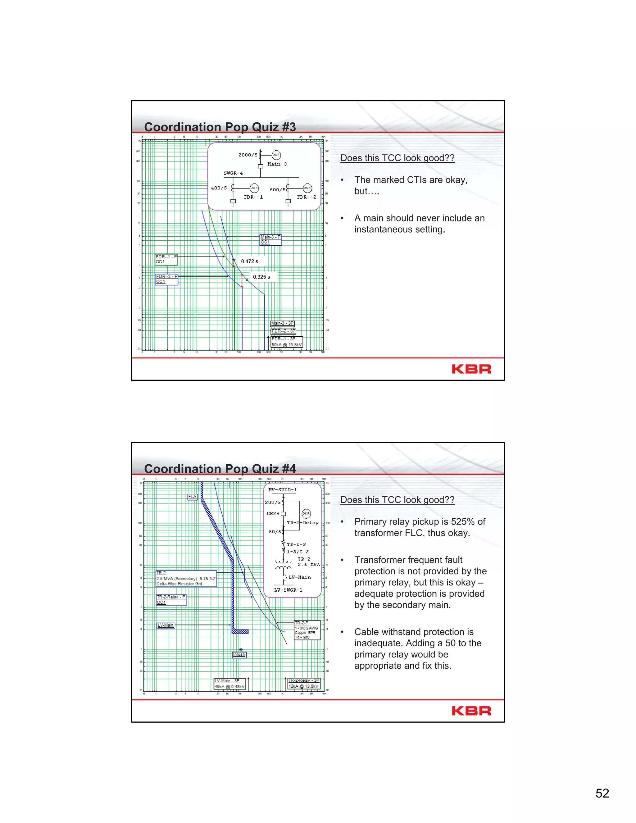 52
Coordination Pop Quiz #3
Does this TCC look good??
• The marked CTIs are okay,
but….
• A main should never include an
instantaneous setting.
0.472 s
0.325 s
Coordination Pop Quiz #4
Does this TCC look good??
• Primary relay pickup is 525% of
transformer FLC, thus okay.
• Transformer frequent fault
protection is not provided by the
primary relay, but this is okay –
adequate protection is provided
by the secondary main.
• Cable withstand protection is
inadequate. Adding a 50 to the
primary relay would be
appropriate and fix this.
 