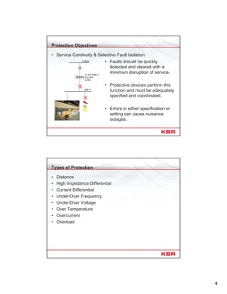 4
Protection Objectives
• Service Continuity & Selective Fault Isolation
13.8 kV
480 V
13.8 kV/480 V
2.5 MVA
5.75%
• Faults should be quickly
detected and cleared with a
minimum disruption of service.
• Protective devices perform this
function and must be adequately
specified and coordinated.
• Errors in either specification or
setting can cause nuisance
outages.
Types of Protection
• Distance
• High Impedance Differential
• Current Differential
• Under/Over Frequency
• Under/Over Voltage
• Over Temperature
• Overcurrent
• Overload
 