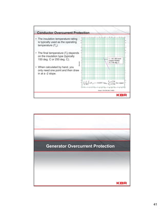 41
Conductor Overcurrent Protection
1 – 3/C 350 kcmil
Copper Rubber
Tc = 90 deg. C
Seconds
Amps X 100 (Plot Ref. V=600)
• The insulation temperature rating
is typically used as the operating
temperature (To).
• The final temperature (Tf) depends
on the insulation type (typically
150 deg. C or 250 deg. C).
• When calculated by hand, you
only need one point and then draw
in at a -2 slope.
Generator Overcurrent Protection
 