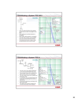 48
Coordinating a System: TCC-307J
• This curve sets the basis for the upstream
devices since its motor is the largest on the
MCC.
• Motor starting and overload protection is
acceptable.
• Motor feeder cable protection is acceptable
• The motor relay includes a second definite
time unit to provide enhanced protection.
• The definite time function is delay to allow
the asymmetrical inrush current to pass.
Zone Map
Coordinating a System: TCC-4
• The 307J motor relay settings established
on TCC-307J set the basis for this curve.
• The tie breaker relay curve is plotted to the
total bus fault current to be conservative.
• The main breaker relay curve is plotted to its
let-through current.
• A coordination step is provided between the
tie and main relay although this decision is
discretionary.
• All devices are selectively coordinated at all
fault current levels.
• The definite time functions insulation the
CTIs from minor fault current variations..
Zone Map
 