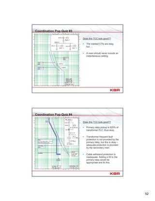 52
Coordination Pop Quiz #3
Does this TCC look good??
• The marked CTIs are okay,
but….
• A main should never include an
instantaneous setting.
0.472 s
0.325 s
Coordination Pop Quiz #4
Does this TCC look good??
• Primary relay pickup is 525% of
transformer FLC, thus okay.
• Transformer frequent fault
protection is not provided by the
primary relay, but this is okay –
adequate protection is provided
by the secondary main.
• Cable withstand protection is
inadequate. Adding a 50 to the
primary relay would be
appropriate and fix this.
 
