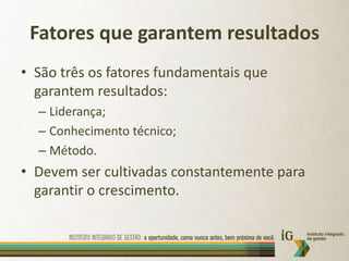 Fatores que garantem resultadosSão três os fatores fundamentais que garantem resultados:Liderança;Conhecimento técnico;Método.Devem ser cultivadas constantemente para garantir o crescimento.