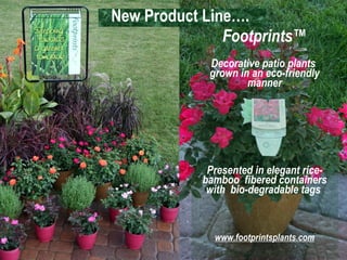 New Product Line….  Footprints™ Decorative patio plants  grown in an eco-friendly manner Presented in elegant rice-bamboo  fibered containers with  bio-degradable tags  www.footprintsplants.com 