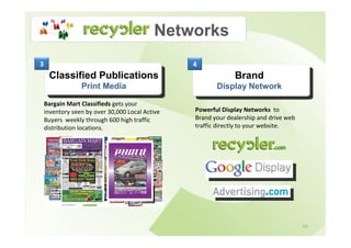 Networks
3                                                4
     Classified Publications                                  Brand
                 Print Media                            Display Network

    Bargain Mart Classifieds gets your
    inventory seen by over 30,000 Local Active   Powerful Display Networks to
    Buyers weekly through 600 high traffic       Brand your dealership and drive web
    distribution locations.                      traffic directly to your website.




                                                                                       10
 
