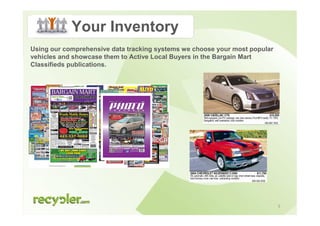 Your Inventory
Using our comprehensive data tracking systems we choose your most popular
vehicles and showcase them to Active Local Buyers in the Bargain Mart
Classifieds publications.




                                                                            5
 