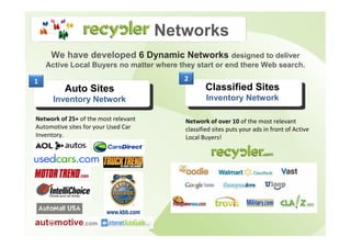 Networks
     We have developed 6 Dynamic Networks designed to deliver
    Active Local Buyers no matter where they start or end there Web search.

1                                        2
          Auto Sites                             Classified Sites
      Inventory Network                           Inventory Network
                                                         Brand Partners

Network of 25+ of the most relevant       Network of over 10 of the most relevant
Automotive sites for your Used Car        classified sites puts your ads in front of Active
Inventory.                                Local Buyers!
 