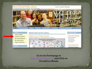 Go to our homepage at
http://www.mhpl.org/ and click on
        Overdrive eBooks
                                    1
 
