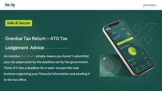 Overdue Tax Return – ATO Tax
Lodgement Advice
An overdue tax return simply means you haven’t submitted
your tax paperwork by the deadline set by the government.
Think of it like a deadline for a task—except this task
involves organizing your financial information and sending it
to the tax office.
Safe & Secure
www.taxly.a
i
 