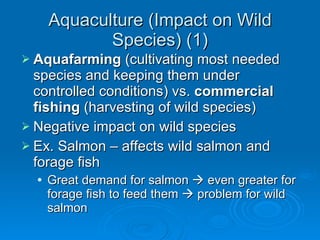 Aquaculture (Impact on Wild Species) (1) Aquafarming  (cultivating most needed species and keeping them under controlled conditions) vs.  commercial fishing  (harvesting of wild species) Negative impact on wild species Ex. Salmon – affects wild salmon and forage fish Great demand for salmon    even greater for forage fish to feed them    problem for wild salmon 