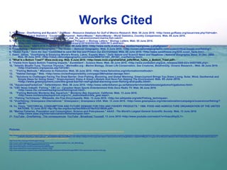 Works Cited 1. “GulfBase - Overfishing and Bycatch."  GulfBase - Resource Database for Gulf of Mexico Research . Web. 05 June 2010. <http://www.gulfbase.org/issue/view.php?iid=oab>. 2. "Marine Fish Catch Statistics - Countries Compared - NationMaster."  NationMaster - World Statistics, Country Comparisons . Web. 05 June 2010. <http://www.nationmaster.com/graph/env_mar_fis_cat-environment-marine-fish-catch>. 3. "Marine No-take Zone Rapidly Benefits Endangered Penguin — Biology Letters."  Biology Letters . Web. 05 June 2010. <http://rsbl.royalsocietypublishing.org/content/early/2010/02/04/rsbl.2009.0913.abstract>. 4. "No-take Zone."  NMFS-RTR Program @ VT . Web. 05 June 2010. <http://www.nmfs.vt.edu/case_studies/mpa/glossary.php#glossn>. 5. “Overfishing -- National Geographic."  The Ocean -- National Geographic . Web. 5 June 2010. <http://ocean.nationalgeographic.com/ocean/critical-issues-overfishing/>. 6. "Ocean Facts."  Save the Sea / Committed to save the Sea and Protect Our Environment . Web. 05 June 2010. <http://www.savethesea.org/STS ocean_facts.htm>. 7. Owen, James. "Overfishing Is Emptying World's Rivers, Lakes, Experts Warn."  Daily Nature and Science News and Headlines | National Geographic News . 01 Dec. 2005. Web. 05 June 2010. <http://news.nationalgeographic.com/news/2005/12/1201_051201_overfishing.html>. 8.  "What Is a Bottom Trawl?"  Www.mcbi.org . Web. 6 June 2010. <http://www.mcbi.org/what/what_pdfs/What_%20is_a_Bottom_Trawl.pdf>. 9.  "Visible from Space Bottom Trawling Impacts."  EurekAlert! - Science News . Web. 06 June 2010. <http://www.eurekalert.org/pub_releases/2008-02/s-bti021508.php>. 10.  "Atlantic Bluefin Tuna, Thunnus Thynnus."  MarineBio.org - Marine Biology, Ocean Life Conservation, Sea Creatures, Biodiversity, Oceans Research...  Web. 06 June 2010. <http://marinebio.org/species.asp?id=236>. 11.  "Fishing Methods."  Welcome to Fishonline . Web. 05 June 2010. <http://www.fishonline.org/information/methods/>. 12.  "Habitat Damage." Web. <http://www.circleofresponsibility.com/page/296/habitat-damage.htm>. 13.  "Solutions to Challenges Facing The Great Barrier: Over-Fishing, Blooming, and Global Warming: GreenJoyment Brings You Green Living. Solar, Wind, Geothermal and Simple Steps for Going Green."  GreenJoyment: Enjoy A Green Lifestyle And Have Fun Helping The Environment . Web . 05 June 2010. <http://www.greenjoyment.com/the-great-barrier-reef-global-warming-over-fishing-and-pollu.html>. 14.  "Aquascope|Facts|Cod."  Vattenkikaren . Web. 06 June 2010. <http://www.vattenkikaren.gu.se/fakta/arter/chordata/teleoste/gadumorh/gadumoe.html>. 15. "CBC News Indepth: Fishing."  CBC.ca - Canadian News Sports Entertainment Kids Docs Radio TV . Web. 06 June 2010. <http://www.cbc.ca/news/background/fishing/cod.html>. 16.  "Fishing Methods| Monterey Bay Aquarium."  Monterey Bay Aquarium, California . Web. 13 June 2010. <http://www.montereybayaquarium.org/cr/cr_seafoodwatch/sfw_gear.aspx>. 17.  “Fishing Techniques."  Wikipedia, the Free Encyclopedia . Web. 13 June 2010. <http://en.wikipedia.org/wiki/Fishing_techniques>. 18.  "Overfishing | Greenpeace International."  Greenpeace | Greenpeace USA . Web. 13 June 2010. <http://www.greenpeace.org/international/en/campaigns/oceans/overfishing/?tab=0>. 19.  Ye, Yimin. "HISTORICAL CONSUMPTION AND FUTURE DEMAND FOR FISH AND FISHERY PRODUCTS." 1999. FOOD AND AGRICULTURE ORGANIZATION OF THE UNITED NATIONS. 12 June 2010 <ftp://ftp.fao.org/docrep/fao/005/x3216e/X3216E00.pdf>. 20.  "Marine Fisheries, Population and Consumption: Science and PolicyIssues."  AAAS - The World's Largest General Scientific Society . Web. 13 June 2010. <http://www.aaas.org/international/ehn/fisheries/speer.htm>. 21.  YouTube - Overfishing - The consequences .  YouTube - Broadcast Yourself.  13 June 2010 <http://www.youtube.com/watch?v=VxacxShp3LY>. Pictures: http://picasaweb.google.com/clairechristian47/NewAlbum121108329PM?authkey=Gv1sRgCIbtmMOvja25cw&feat=flashslideshow#5278636756773584130 http://i.dailymail.co.uk/i/pix/2009/06/06/article-0-053D172C000005DC-837_468x562.jpg http://images.google.bg/imgres?imgurl=http://www.greenpeace.org/raw/image_full/international/seafood/understanding-the-problem/fisheries-problems-today/beam-trawling.jpg&imgrefurl=http://www.greenpeace.org/international//seafood/understanding-the-problem/fisheries-problems-today/beam-trawling&usg=__Iimx69QB847zSj0ur2KedVBh9no=&h=584&w=430&sz=57&hl=bg&start=4&itbs=1&tbnid=RCjvnHbcduWqjM:&tbnh=135&tbnw=99&prev=/images%3Fq%3Dbeam%2Btrawl%26hl%3Dbg%26sa%3DX%26gbv%3D2%26tbs%3Disch:1 http://www.coralcoe.org.au/research-tools/qpwstalks/NO-TAKE%20ZONES.pdf http://www.afsc.noaa.gov/race/images/cod.jpg http://ocean.nationalgeographic.com/ocean/photos/oceans-overfishing/#fish-net_158_600x450.jpg http://scienceline.org/_s/files/2009/03/fishmarket.jpeg http://www.fishingfury.com/ff-content/explosivefishing.jpg http://www.midcurrent.com/images/tomes_retrieve_3.jpg http://www.greenpeace.org/international/Global/international/planet-2/External/image/2005/11/this-spectacular-squid-is-disc.jpg 