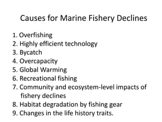 Causes for Marine Fishery Declines
1. Overfishing
2. Highly efficient technology
3. Bycatch
4. Overcapacity
5. Global Warming
6. Recreational fishing
7. Community and ecosystem-level impacts of
fishery declines
8. Habitat degradation by fishing gear
9. Changes in the life history traits.
 