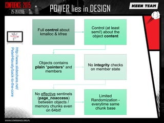 POWER lies in DESIGN
Full control about
kmalloc & kfree
Control (at least
semi!) about the
object content
Objects contains
plain *pointers* and
members
No integrity checks
on member state
No effective sentinels
(page_noaccess)
between objects /
memory chunks even
on 64bit!
Limited
Randomization -
everytime same
chunk base
http://www.slideshare.net/
PeterHlavaty/back-to-the-core
 