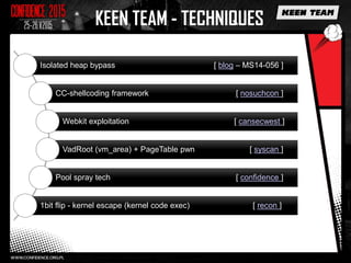 KEEN TEAM - TECHNIQUES
Isolated heap bypass [ blog – MS14-056 ]
CC-shellcoding framework [ nosuchcon ]
Webkit exploitation [ cansecwest ]
VadRoot (vm_area) + PageTable pwn [ syscan ]
Pool spray tech [ confidence ]
1bit flip - kernel escape (kernel code exec) [ recon ]
 