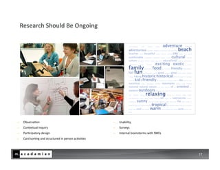 Research	
  Should	
  Be	
  Ongoing	
  




−    Observa)on	
                                                          −    Usability	
  
−    Contextual	
  inquiry	
                                               −    Surveys	
  
−    Par)cipatory	
  design	
                                              −    Internal	
  brainstorms	
  with	
  SMEs	
  
−    Card	
  sor)ng	
  and	
  structured	
  in	
  person	
  ac)vi)es	
  



                                                                                                                              17
 