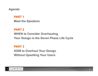 Agenda

  PART 1
  Meet the Speakers

  PART 2
  WHEN to Consider Overhauling
  Your Design in the Seven Phase Life Cycle

  PART 3
  HOW to Overhaul Your Design
  Without Upsetting Your Users



                                              2
 
