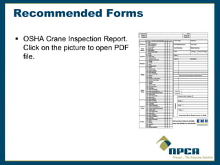 Recommended Forms
 OSHA Crane Inspection Report.
Click on the picture to open PDF
file.
 