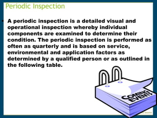 Periodic Inspection
 A periodic inspection is a detailed visual and
operational inspection whereby individual
components are examined to determine their
condition. The periodic inspection is performed as
often as quarterly and is based on service,
environmental and application factors as
determined by a qualified person or as outlined in
the following table.
 