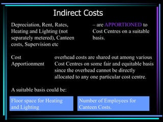 Indirect CostsDepreciation, Rent, Rates, Heating and Lighting (not separately metered), Canteen costs, Supervision etc– are APPORTIONED to Cost Centres on a suitable basis.Cost Apportionmentoverhead costs are shared out among various Cost Centres on some fair and equitable basis since the overhead cannot be directly allocated to any one particular cost centre.A suitable basis could be:Floor space for Heating and LightingNumber of Employees for Canteen Costs.